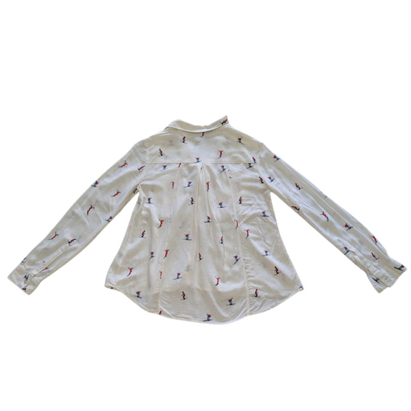 Cabincore Ski Print Button-Front Blouse Maeve | Whimsical Winter Top | Size 0 - Picture 7 of 13